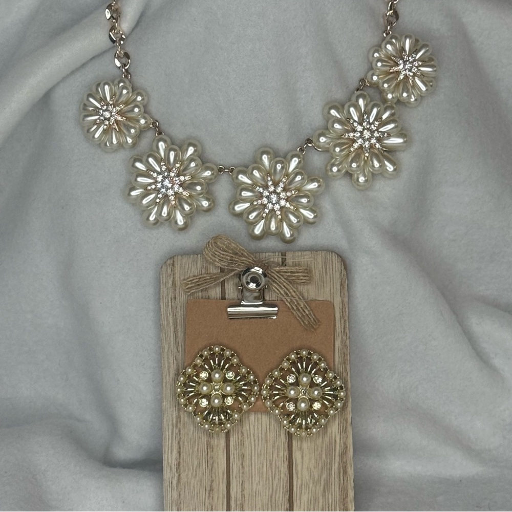Faux Pearl Flower Statement Necklace & Vintage Clip On Earrings